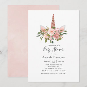 Invitation Fête de naissance de licorne florale rose et or ro
