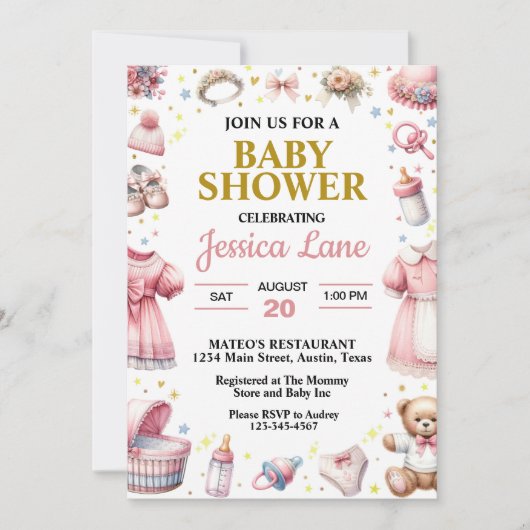 Invitation Fête de naissance de petite fille rose (Devant)