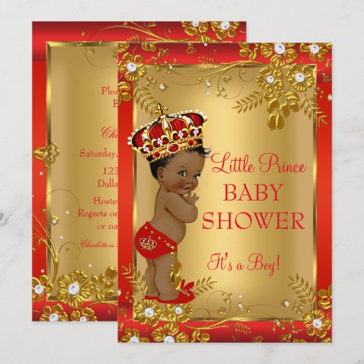 Invitation Fête de naissance de prince bébé rouge or afro-amé (Devant / Derrière)