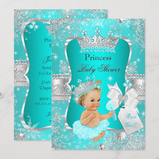 Invitation Fête de naissance de princesse bébé bleu sarcelle  (Devant / Derrière)