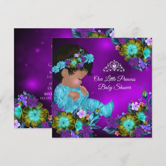 Invitation Fête de naissance de princesse bébé Bleu sarcelle (Devant / Derrière)