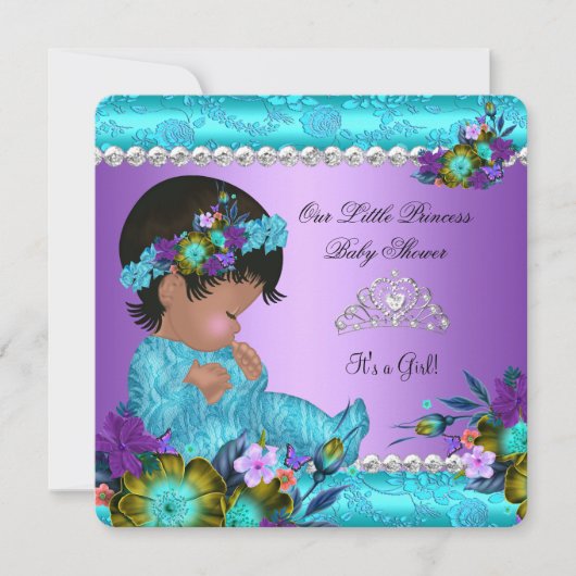 Invitation Fête de naissance de princesse bébé fille bleu sar (Devant)