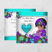 Invitation Fête de naissance de princesse bébé fille Bleu sar (Devant / Derrière)