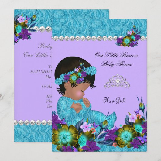 Invitation Fête de naissance de princesse bébé fille Bleu sar (Devant / Derrière)