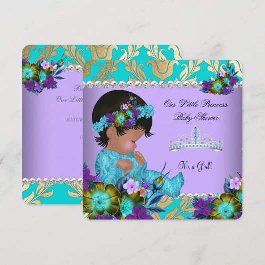 Invitation Fête de naissance de princesse bébé fille bleu sar (Devant / Derrière)