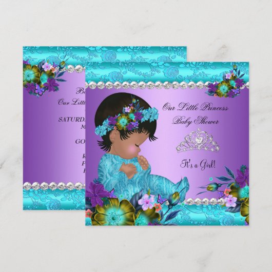 Invitation Fête de naissance de princesse bébé fille Bleu sar (Devant / Derrière)