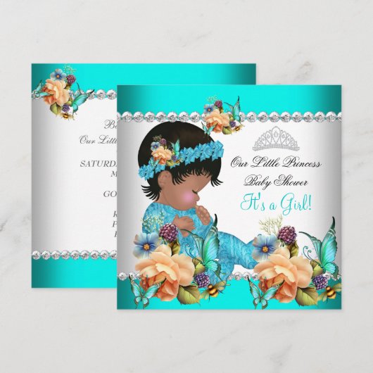 Invitation Fête de naissance de princesse bébé fille fleurs s (Devant / Derrière)