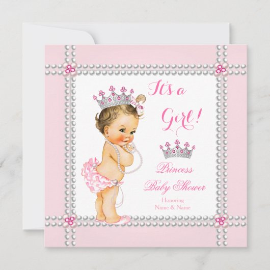 Invitation Fête de naissance de princesse Bébé Fille Perles r (Devant)