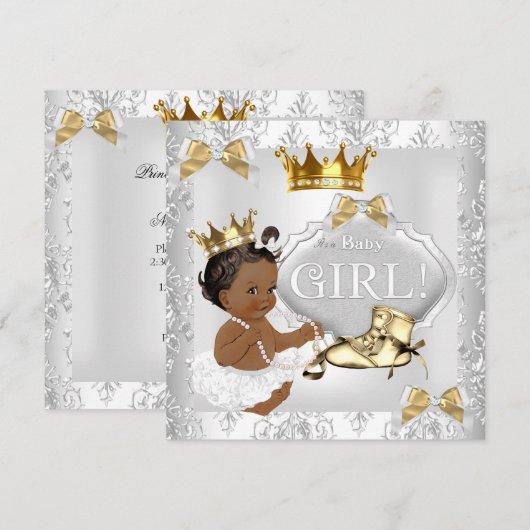 Invitation Fête de naissance de princesse bébé Or Argent Dama (Devant / Derrière)