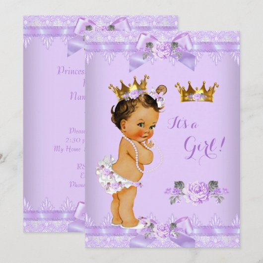 Invitation Fête de naissance de princesse bébé Rose violette (Devant / Derrière)