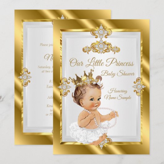 Invitation Fête de naissance de princesse Blanc Or Bébé Fille (Devant / Derrière)