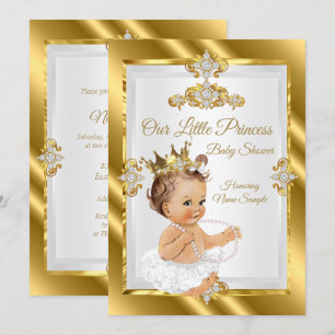 Invitation Fête de naissance de princesse Blanc Or Bébé Fille