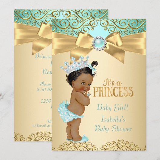 Invitation Fête de naissance de princesse Damassé sarcelle or (Devant / Derrière)
