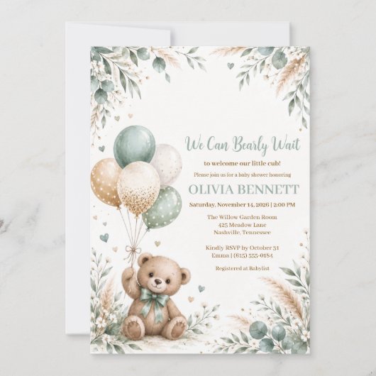 Invitation Fête de naissance de Teddy Bear Vert Sauge (Devant)