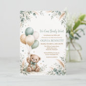 Invitation Fête de naissance de Teddy Bear Vert Sauge (Debout devant)