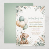 Invitation Fête de naissance de Teddy Bear Vert Sauge (Devant / Derrière)