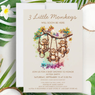 Invitation Fête de naissance de triplés 3 Petits Singes