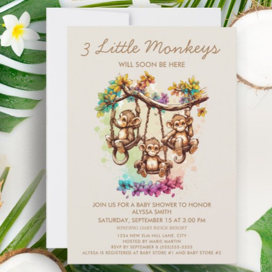 Invitation Fête de naissance de triplés 3 Petits Singes