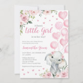 Invitation Fête de Naissance d'Éléphant Fille Rose (Devant)