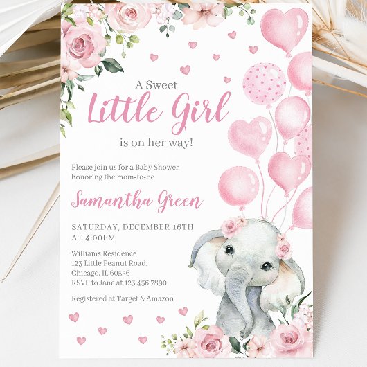 Invitation Fête de Naissance d'Éléphant Fille Rose