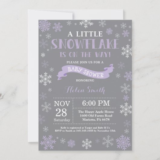 Invitation Fête de naissance d'hiver Bébé Fille Flocon de nei (Devant)