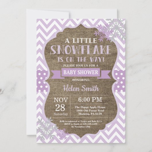 Invitation Fête de naissance d'hiver Flocon de neige violet B (Devant)