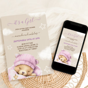 Invitation Fête de naissance d'hiver ours bébé fille
