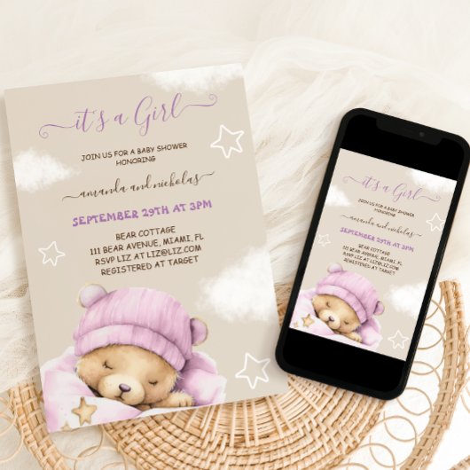 Invitation Fête de naissance d'hiver ours bébé fille