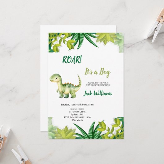 INVITATION  FÊTE DE NAISSANCE DINOSAURE VERT  (Devant/Arrière en situation)