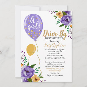 Invitation Fête de naissance Drive By bébé Fleur et Or