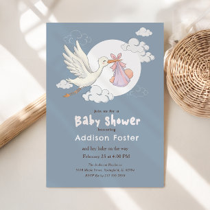 Invitation Fête de Naissance Élégante Fille Bébé cigogne Bleu