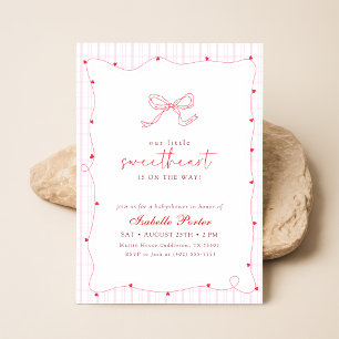 Invitation Fête de naissance élégante ruban rose à carreaux