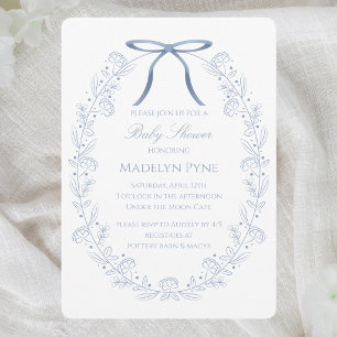 Invitation Fête de Naissance Élégants Rubans Bleus & Fleurs