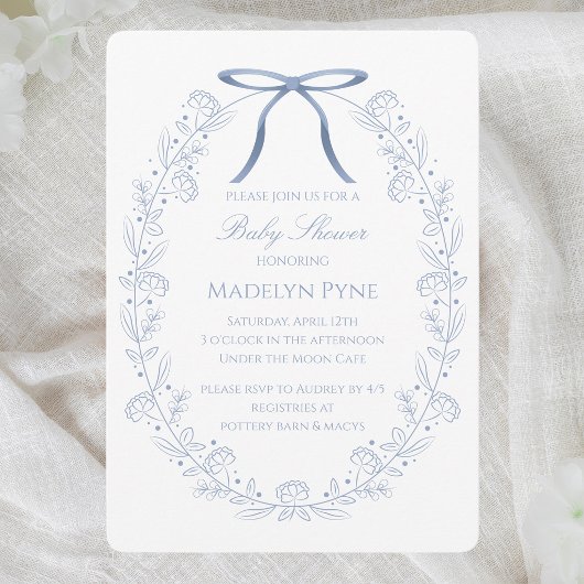Invitation Fête de Naissance Élégants Rubans Bleus & Fleurs
