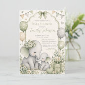 Invitation Fête de naissance éléphant vert sauge (Debout devant)