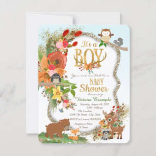 Invitation Fête de naissance en bois garçon avec bois de cerf