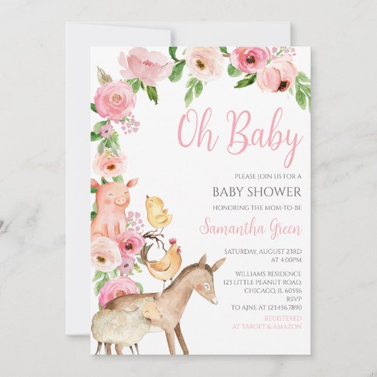 Invitation Fête de Naissance Ferme Rose Fille (Devant)