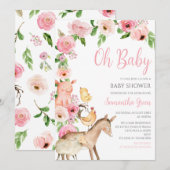 Invitation Fête de Naissance Ferme Rose Fille (Devant / Derrière)