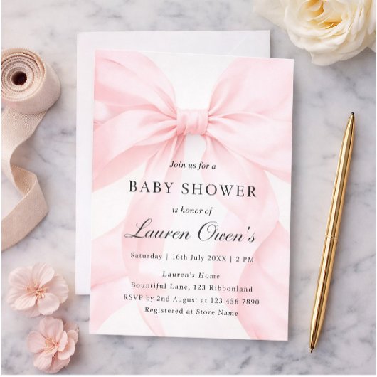 Invitation Fête de naissance fille à ruban rose