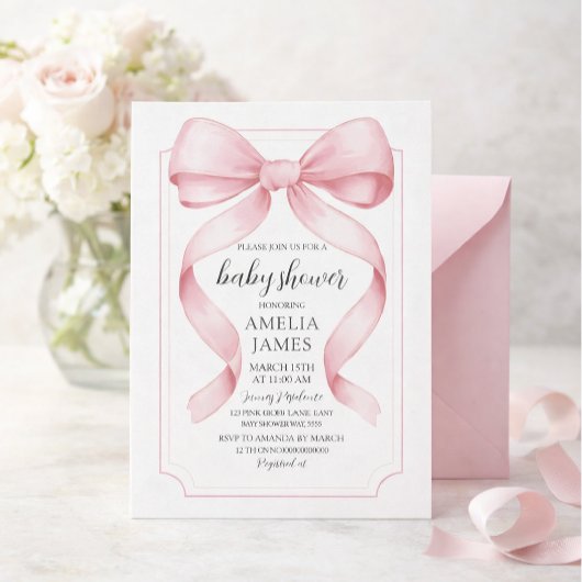 Invitation Fête de naissance fille à ruban rose