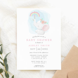 Invitation Fête de Naissance Fille Aquarelle Éléphant Arc-en-
