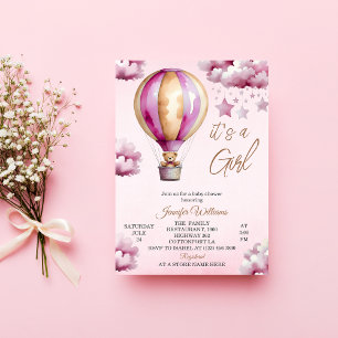 Invitation Fête de Naissance Fille Ballon à Air Chaud Rose Fa