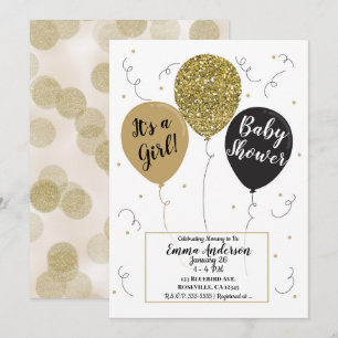 Invitation Fête de Naissance Fille Ballons Noirs Pailletés Or