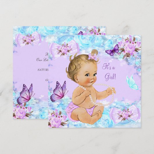 Invitation Fête de naissance fille bébé sarcelle papillon vio (Devant / Derrière)