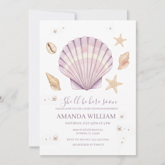 Invitation Fête de naissance fille Coquillage Rose (Devant)