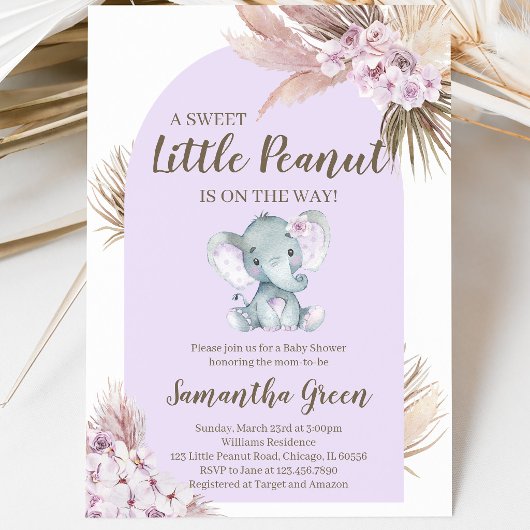 Invitation Fête de Naissance Fille Eléphant Violet