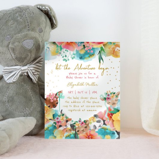 Invitation Fête de naissance Fille Fleurs Animaux Amoureux