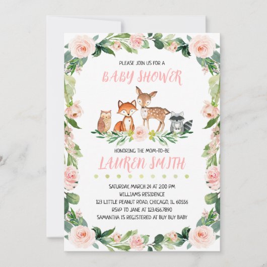 Invitation Fête de naissance fille florale et forestière (Devant)