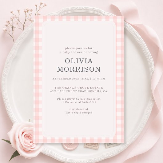 Invitation Fête de Naissance Fille Gingham Rose