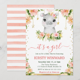 Invitation Fête de naissance Fille Hippopotame Floral Aquarel